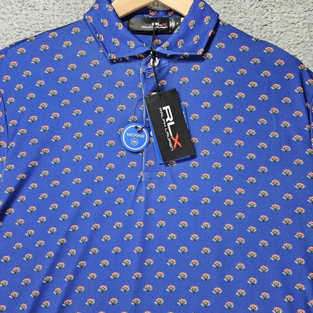 RLX Ralph Lauren Performance Polo Shirt M Blue Floral Micro Print NWT Wicking